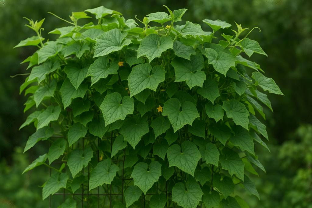 trepadeira com folhagem verde e pequenas flores amarelas