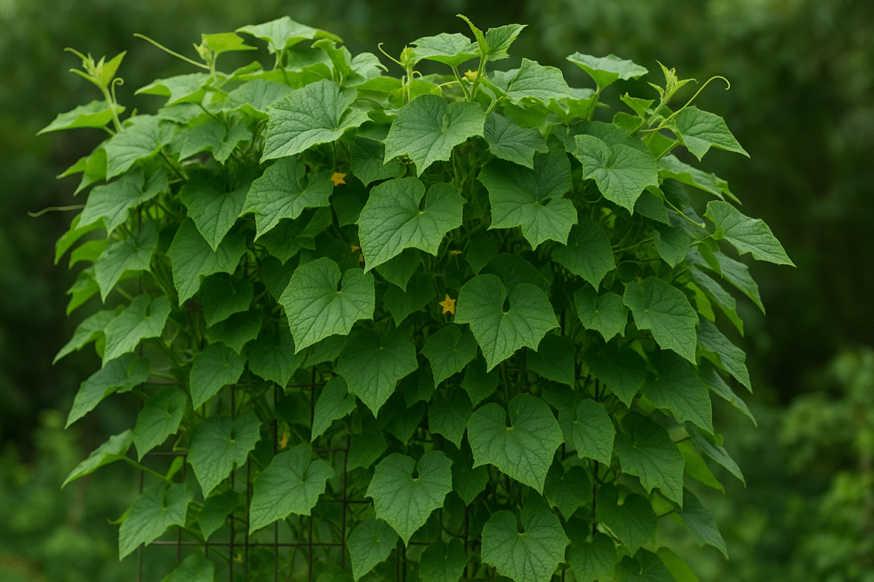 trepadeira com folhagem verde e pequenas flores amarelas