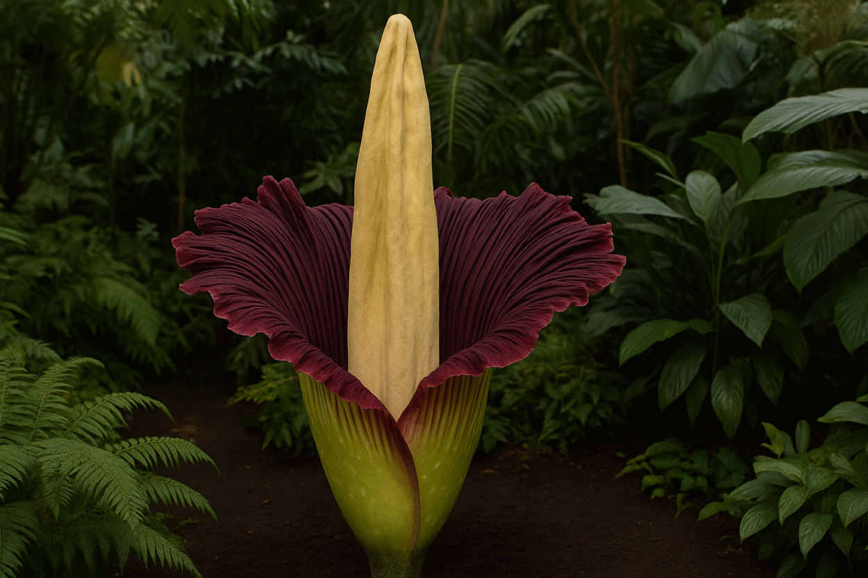 Flor-cadáver (Amorphophallus titanum) em plena floração, com espádice central amarelado e espata roxa profunda, cercada por vegetação tropical verde em ambiente úmido.