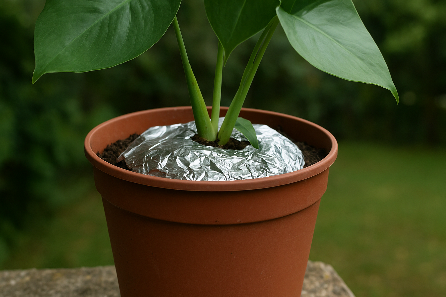 vaso aparentemente plástico na cor de barro, com planta e substrato coberto com papel aluminio.