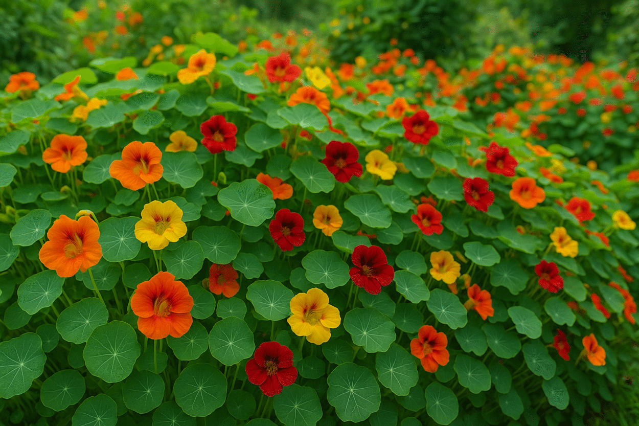 jardim exuberante com flores coloridas de capuchinha