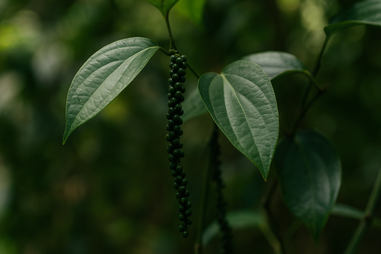 Ramo de pimenta-do-reino (Piper nigrum) com cachos de frutos verdes em desenvolvimento, cercado por folhas verdes em ambiente tropical iluminado naturalmente
