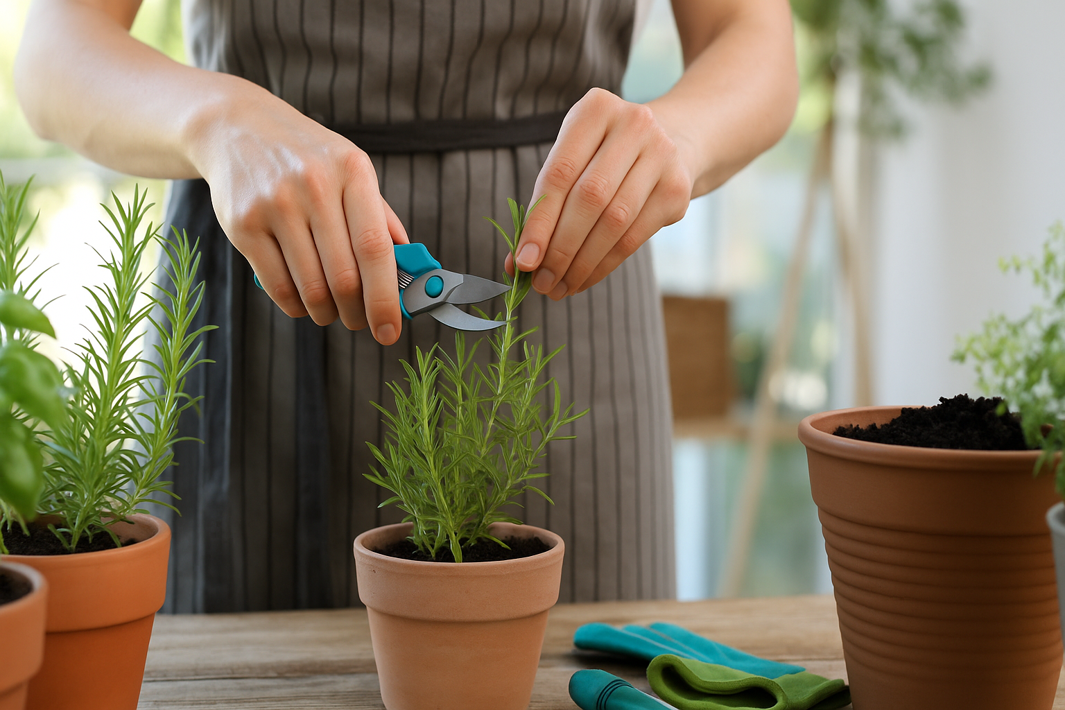 Mão podando ramo de alecrim em vaso cerâmico marrom claro com tesoura de jardinagem vermelha, em varanda iluminada com plantas ao fundo desfocadas.