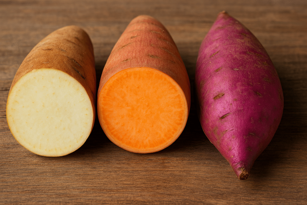 3 tipos de batata-doce em cima de uma tábua de madeira. batata-doce branca, batata-doce amarelada e batata-doce roxa