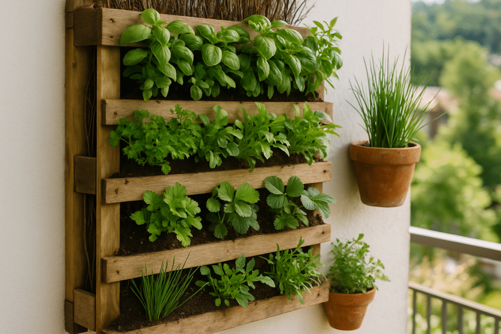 horta vertical construida de pallet em uma varanda bem iluminada com luz do dia.