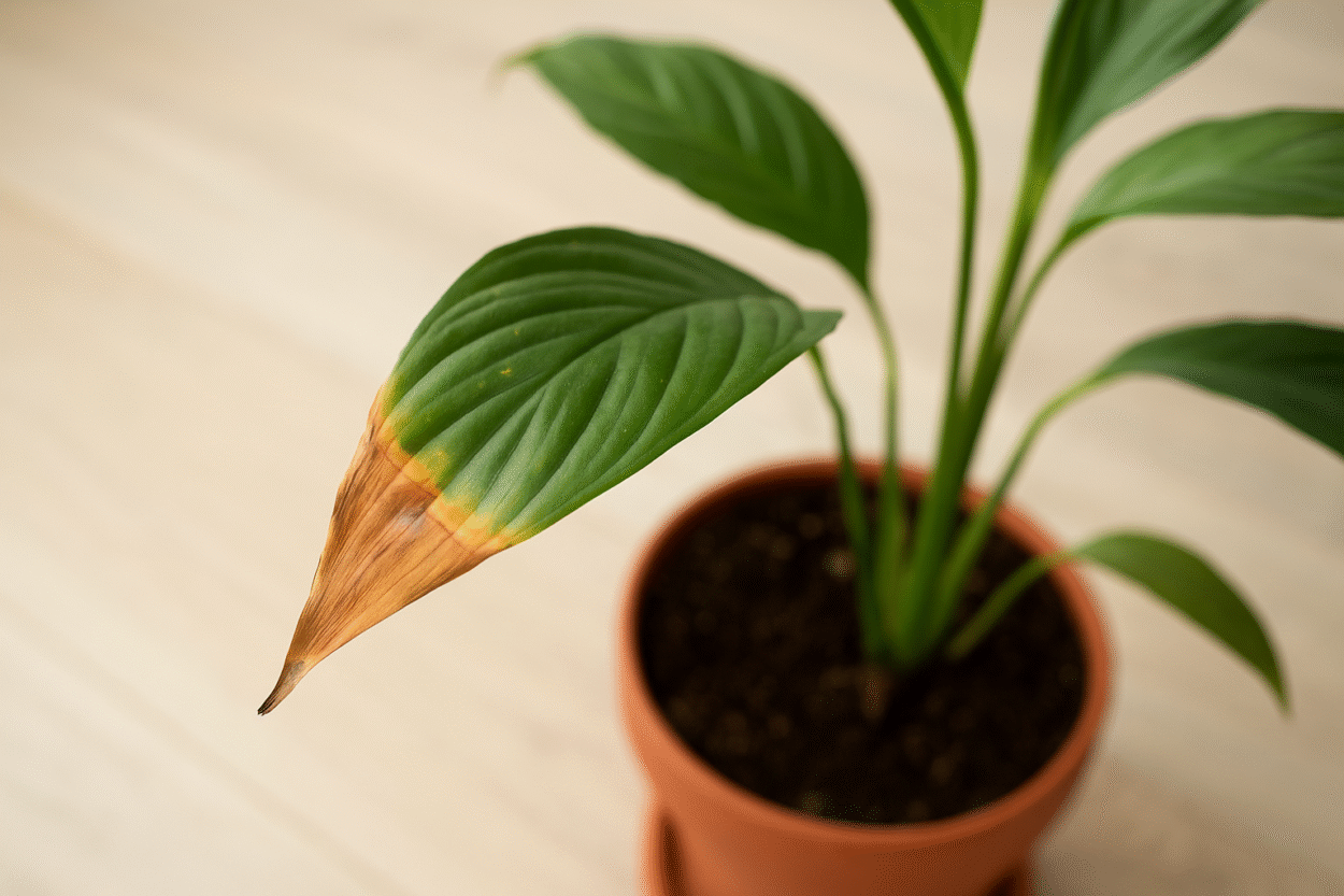 vaso com planta com folha verde e ponta queimada