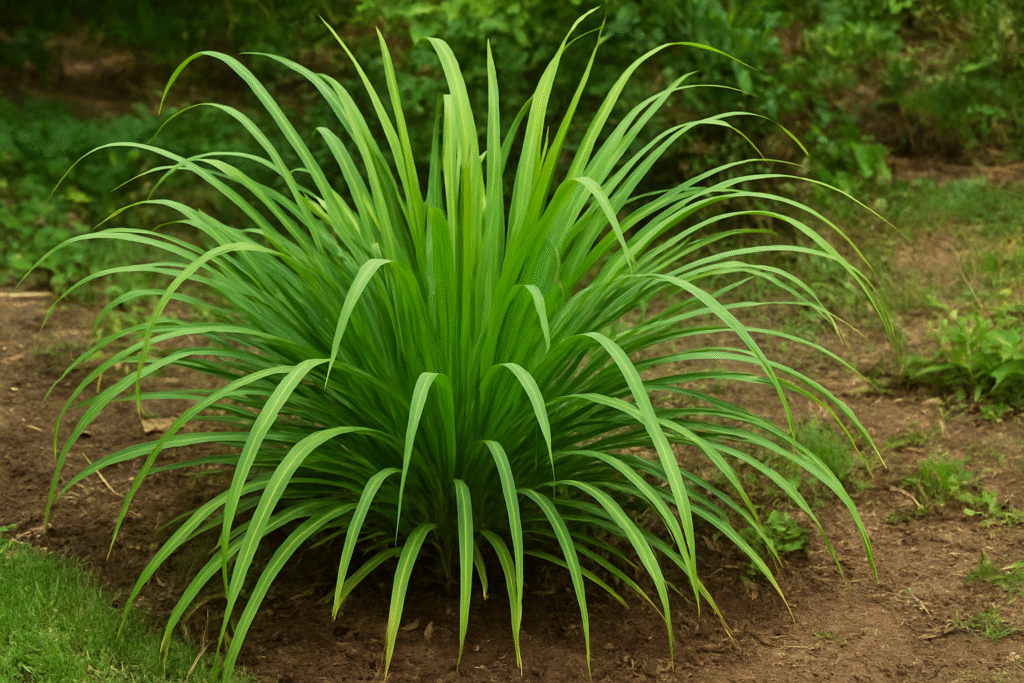 arbusto de citronela verde em ambiente dequintal com chão de terra.