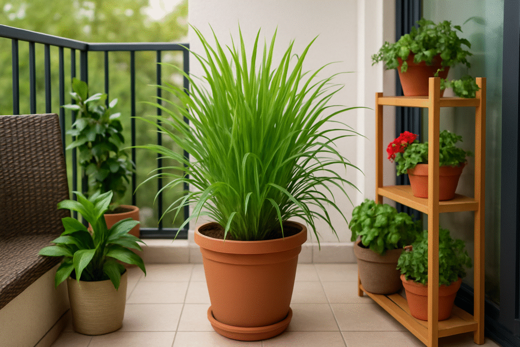 ambiente de varanda de apartamento, com varias plantas e um vaso com arbusto de citronela.