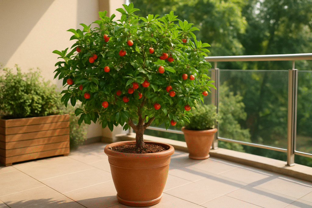 pé de acerola em vaso, ambiente varanda de apartamento