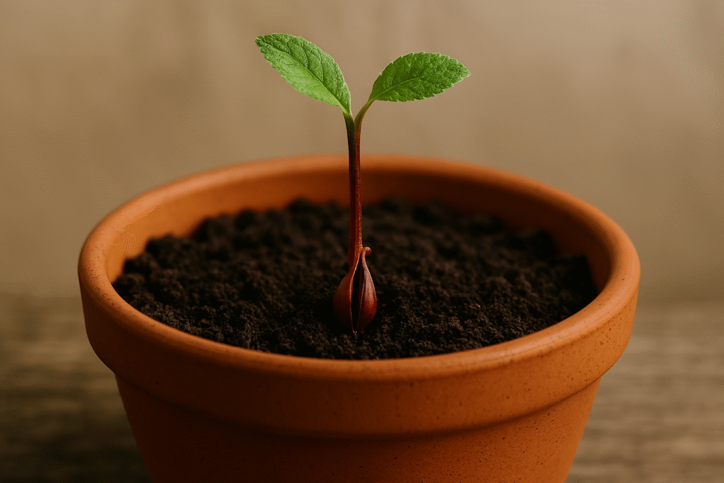 vaso de barro com terra e muda de marça germinada