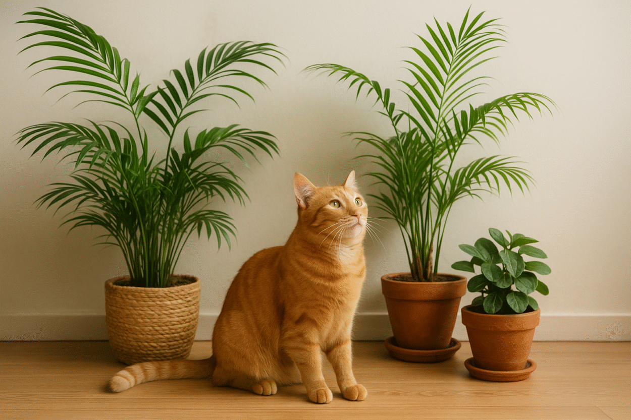 gato ruivo descansando em um cantinho verde com poucas plantas seguras em vasos, próximo a uma parede iluminada por luz natural, em ambiente interno aconchegante.