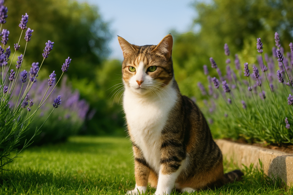 Gato tricolor sentado em um jardim verde com lavandas floridas ao redor, sob luz suave do sol, representando um ambiente natural, seguro e tranquilo para pets.