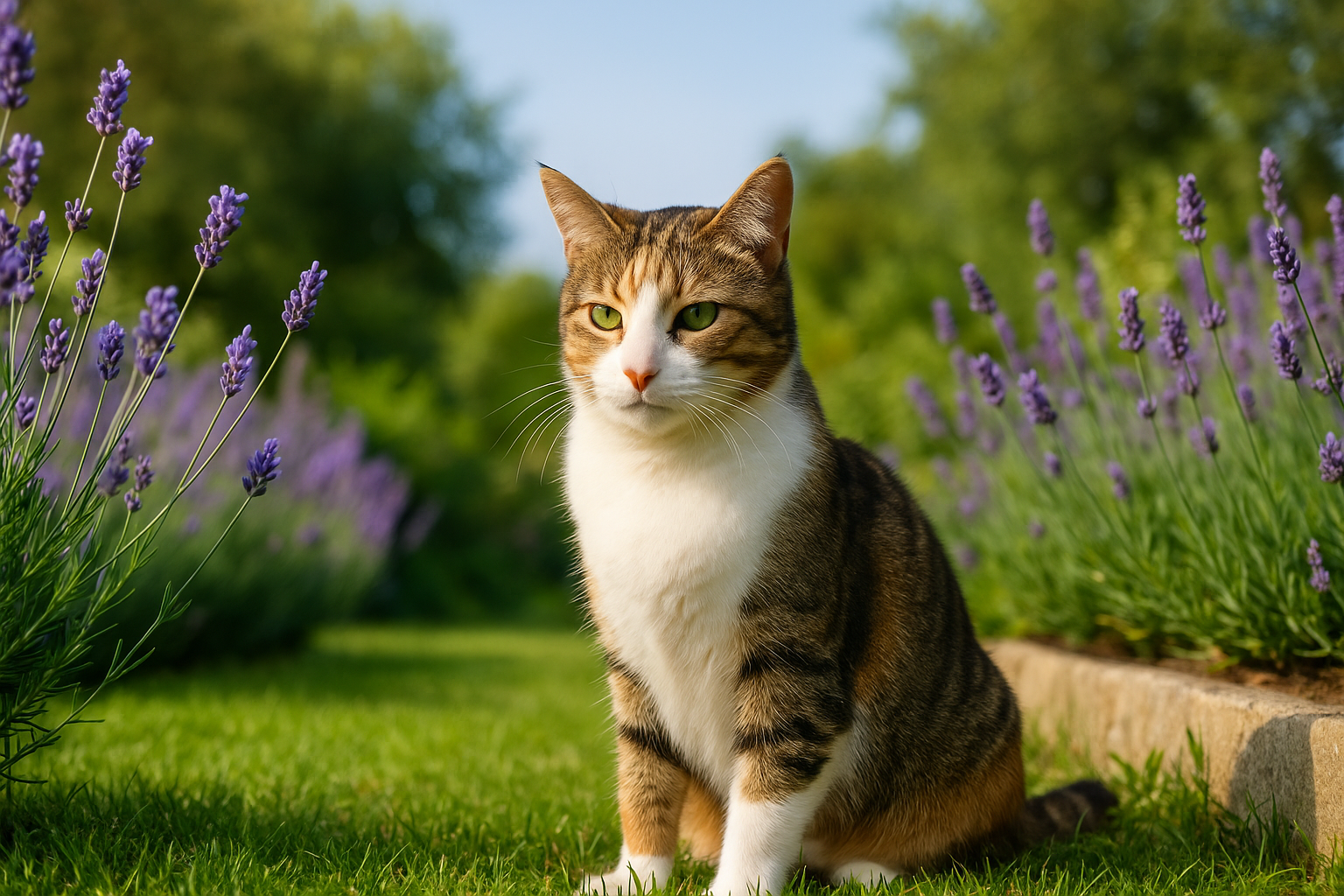 Gato tricolor sentado em um jardim verde com lavandas floridas ao redor, sob luz suave do sol, representando um ambiente natural, seguro e tranquilo para pets.