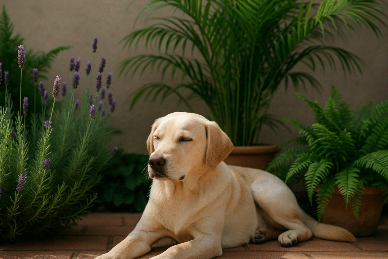 Cachorro labrador descansando em um pátio com lavandas, samambaias e areca-bambu ao redor, sob luz natural suave, representando um ambiente saudável com plantas que purificam o ar e são seguras para animais.
