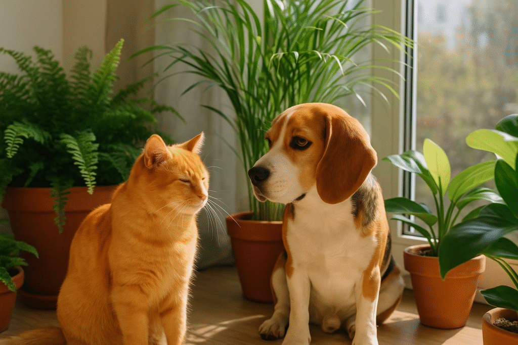 Gato laranja e cachorro beagle juntos em uma sala iluminada por luz natural, cercados por vasos de samambaia, areca-bambu e outras plantas seguras para pets, transmitindo harmonia e tranquilidade.