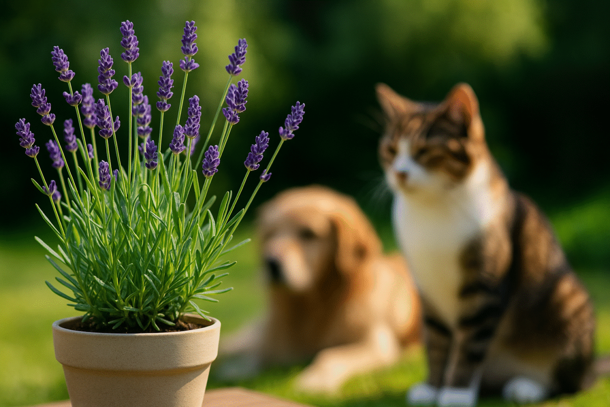 Lavanda em vaso decorativo sobre superfície de madeira, com um gato e um cachorro relaxando próximos em ambiente interno iluminado e natural.
