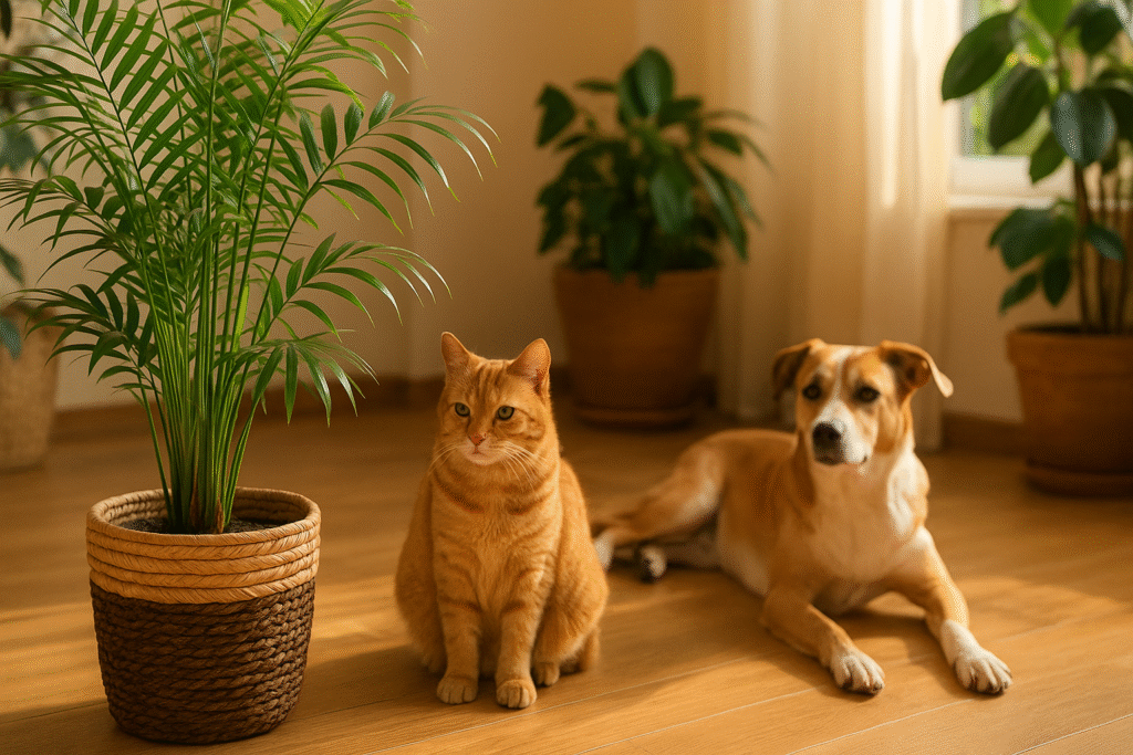 Areca-bambu em vaso grande em uma sala iluminada por luz natural, com um gato e um cachorro relaxando próximos em ambiente tropical e harmonioso.