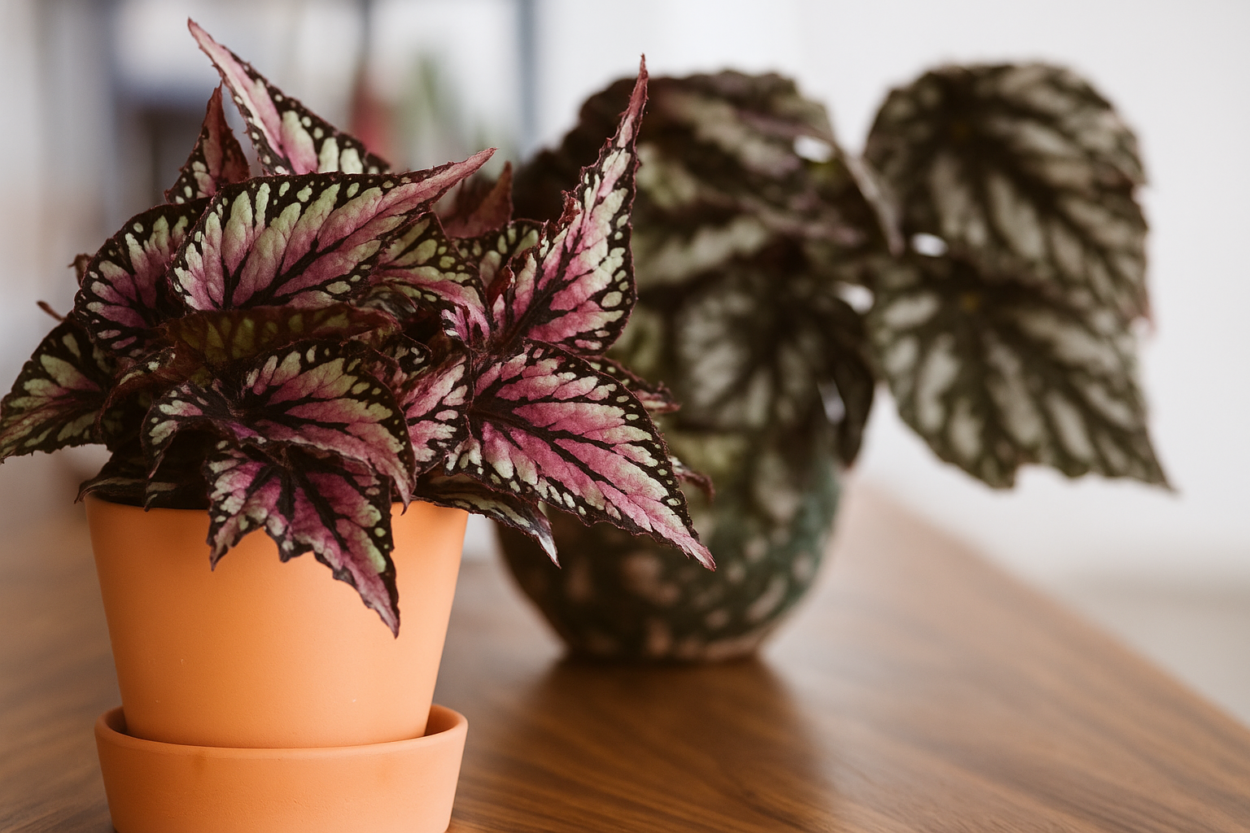 begonia rex em vaso e apoiado em aparador de madeira