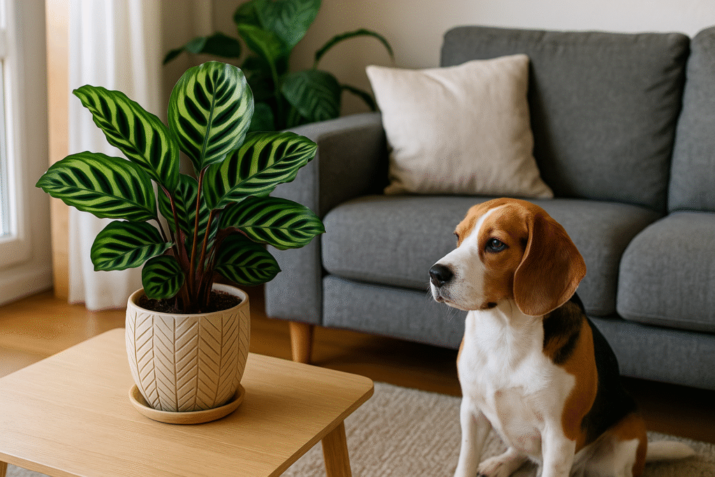 Calathea em vaso decorativo sobre mesa de madeira em sala iluminada por luz natural, com cachorro observando calmamente ao lado do sofá em ambiente aconchegante.
