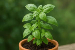 manjericão sendo cultivado em vaso.