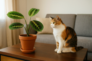 Maranta em vaso de barro sobre mesa de madeira em sala iluminada por luz natural, com gato observando a planta em ambiente aconchegante.
