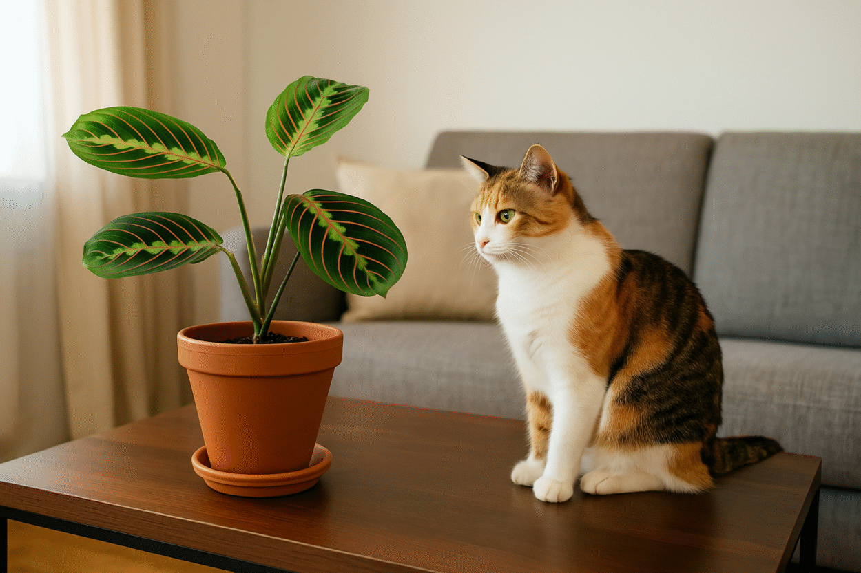 Maranta em vaso de barro sobre mesa de madeira em sala iluminada por luz natural, com gato observando a planta em ambiente aconchegante.
